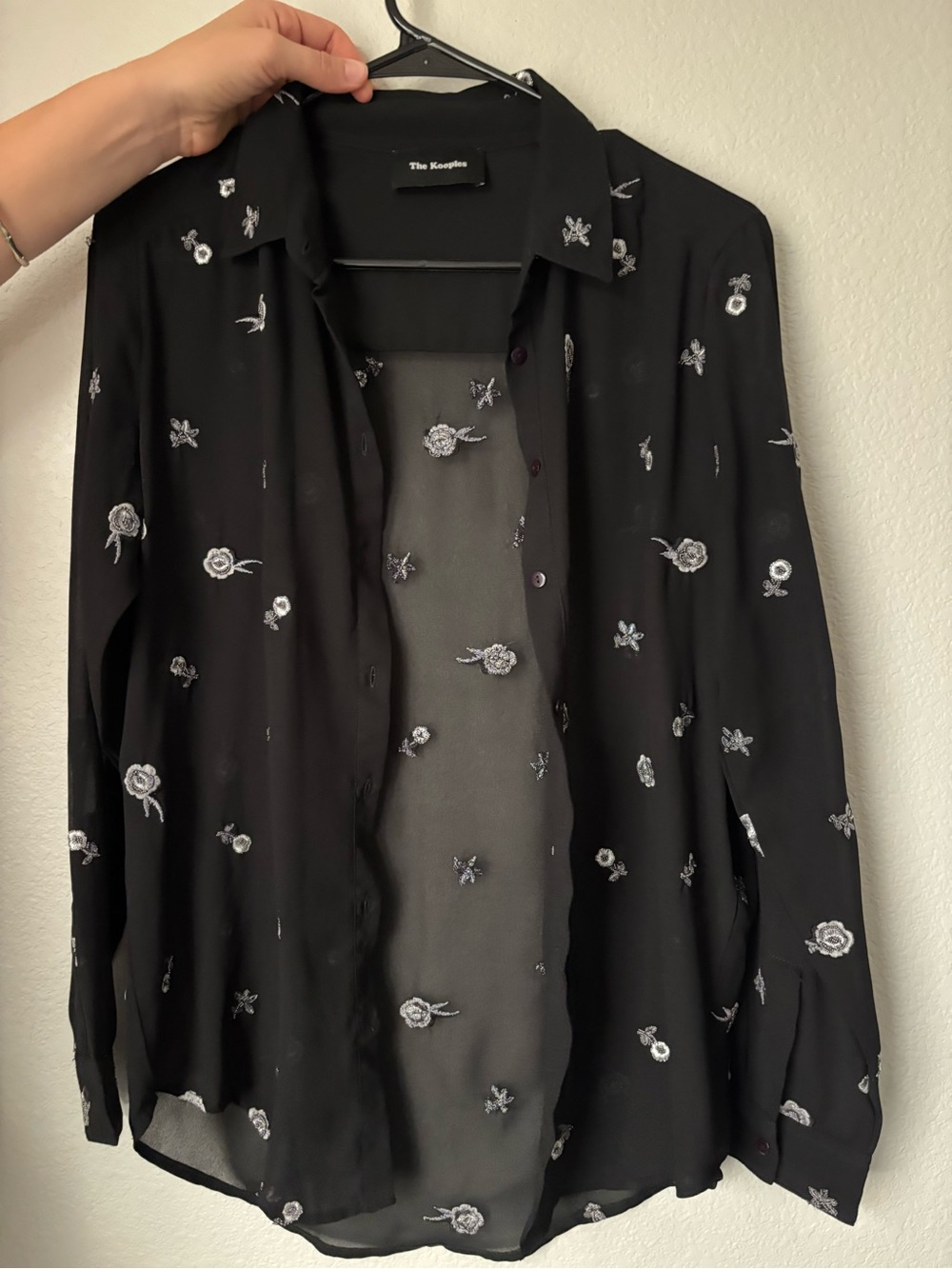 The Kooples Black Sheer Button-Down Shirt with White Floral Embroidery